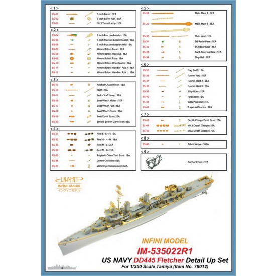 1/350 US Navy DD445 Fletcher Detail-Up Set for Tamiya kit #78012