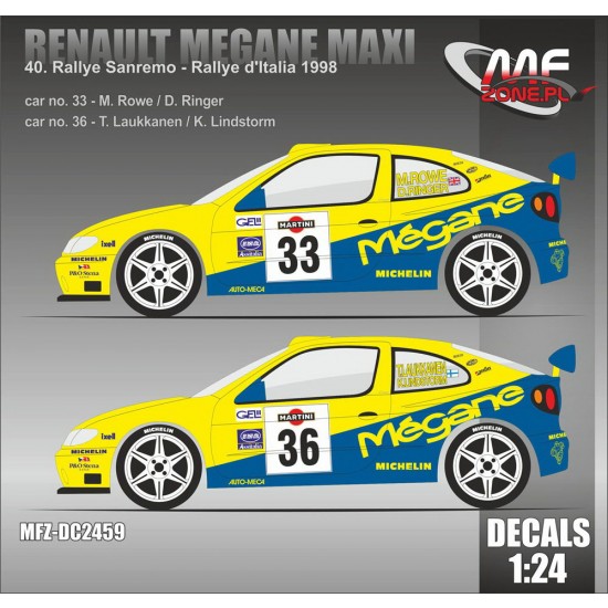 1/24 Renault Megane Maxi Rowe, Laukkanen - Rallye Sanremo 1998 Decal