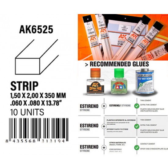 Styrene Strips 1.50 x 2.00 x 350mm (10pcs)