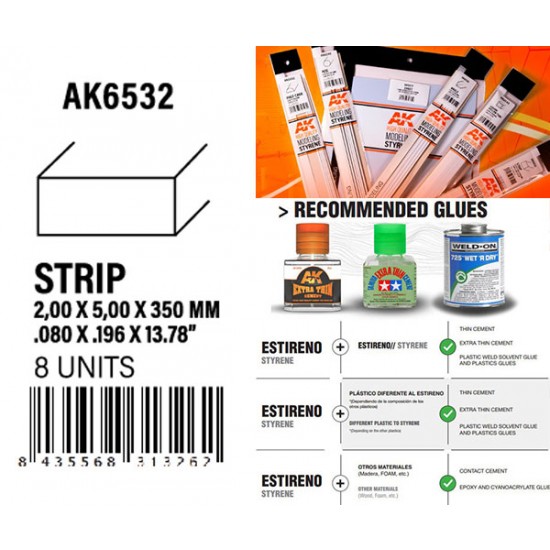 Styrene Strips 2.00 x 5.00 x 350mm (8pcs)