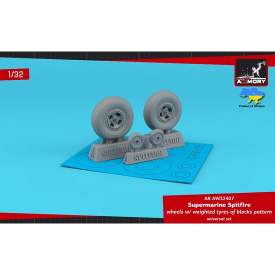 1/32 Supermarine Spitfire Wheels w/Weighted Tyres of Block Pattern & 4-Spoke Hubs