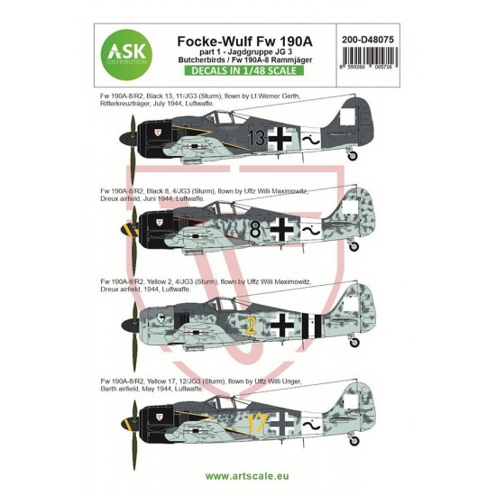 1/48 Focke-Wulf Fw 190A-8/R2 Decal part 1 - JG 3 Butcherbirds / Fw 190A-8 Rammjager