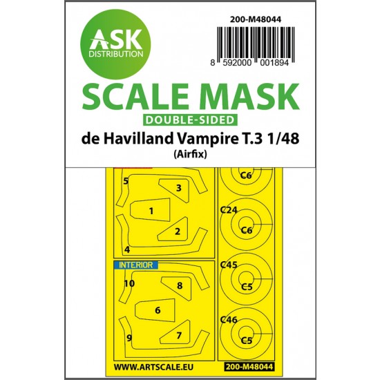 1/48 De Havilland Vampire T.3 Double-sided Paint Masking for Airfix kits