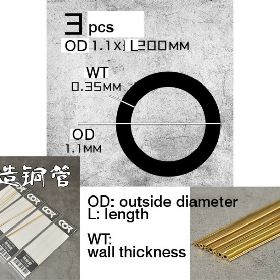 Round Brass Tube - OD: 1.1mm, WT: 0.35mm, L: 200mm (3pcs)