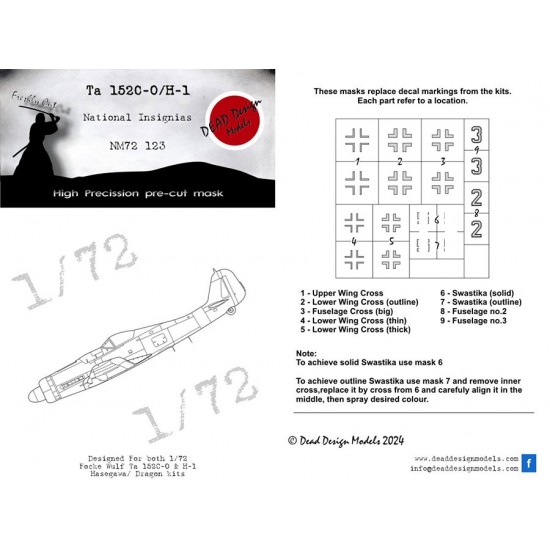 1/72 Focke-Wulf Ta 152H National Insignias Masking for Aoshima kits