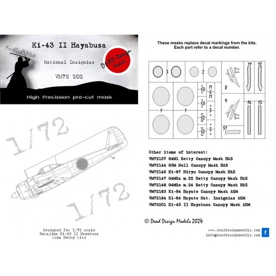 1/72 Nakajima Ki-43 II Hayabusa National Insignias Masking for Arma Hobby kits