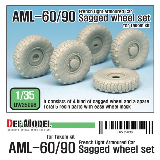 1/35 French AML-60/90 Sagged Wheels Set (5pcs w/mask) for Takom kits #2084/2077