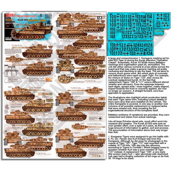 1/35 SchPzAbt 503 Tiger Is Kursk 1943 Operation Citadel 1.Kompanie Marking Decals