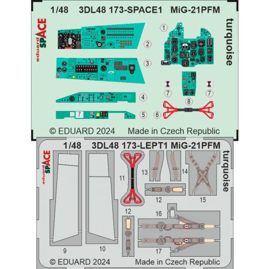 1/48 MiG-21PFM Turquoise Instrument & Control Panels, Seatbelts for Eduard kits