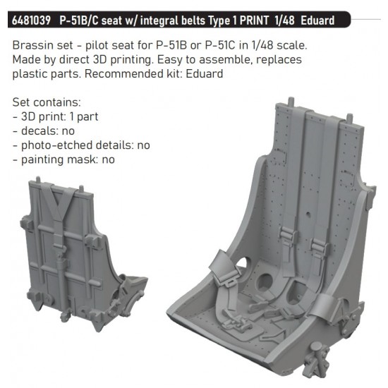 1/48 P-51B/C Mustang Seat with Integral Belts Type 1 for Eduard kits