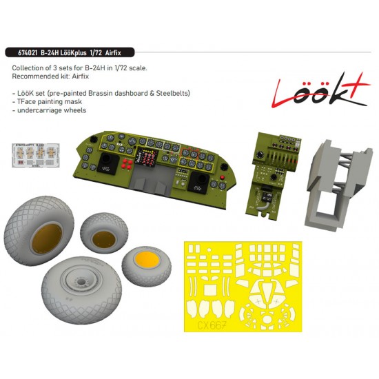 1/72 B-24H Liberator Dashboard, Seatbelts, Canopy Mask, Wheels for Airfix kits