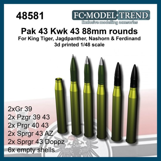 1/48 88mm Rounds for Pak43/Kwk 43, King Tiger, Jagdpanther, Nashorn, Elefant