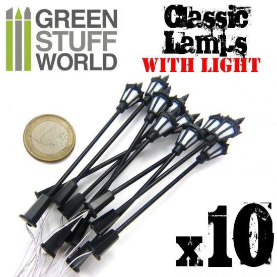 28mm Scale Classic Lamps with LED Lights (height: 8.5cm, 10pcs)