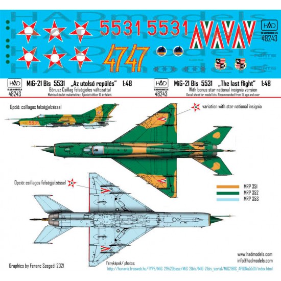 Decal for 1/48 Mikoyan-Gurevich MiG-21 Bis 5531 HUNAF 