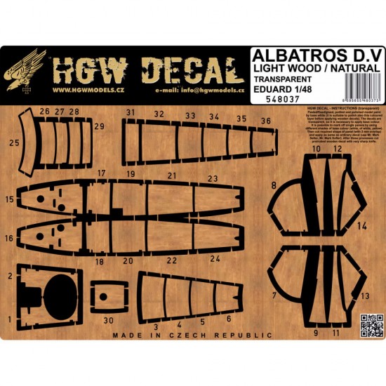 1/48 Albatros D.V / D.Va Light Wood Natural Transparent Decal for Eduard kits