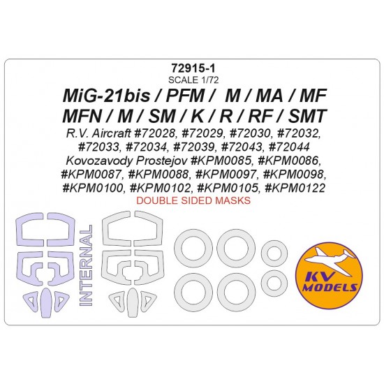 1/72 MiG-21bis/PFM/MA/MF/MFN/M/SM/K/R/RF/SMT Double sided Masking for RV Aircraft/KP kits