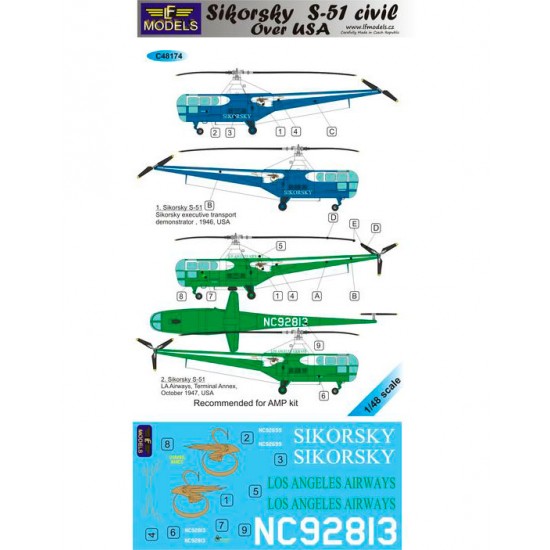 1/48 Sikorsky S-51 Civil users over USA 2 Decal Options for AMP kit