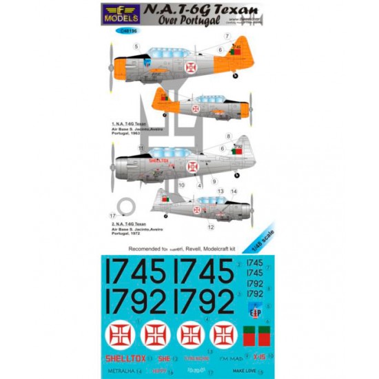 1/48 N.A. T-6G Texan over Portugal Decal for Italeri/Revell/Modelcraft kit.