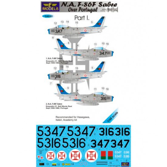 1/48 N.A. F-86F Sabre Over Portugal Part I. Decal for Hasegawa/Italeri/Academy