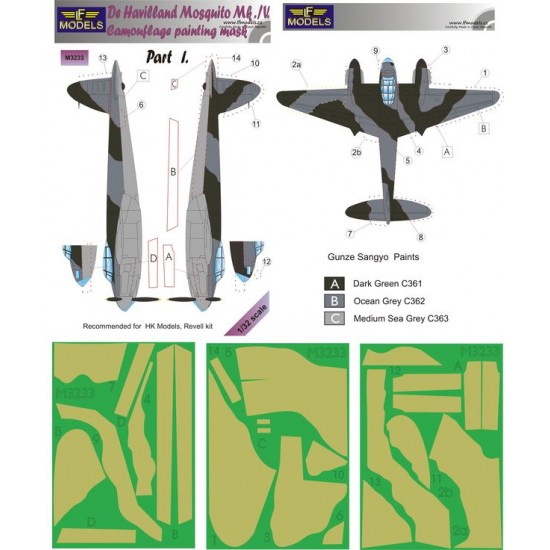 1/32 D.H. Mosquito Mk. IV part I. Camouflage Painting Mask for HK Models/Revell