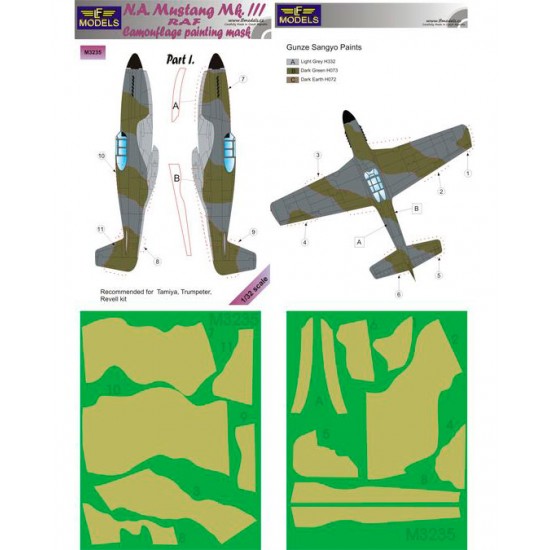 1/32 N.A. Mustang Mk.III RAF pt.I Camo Mask for Tamiya/Trumpeter/Revell