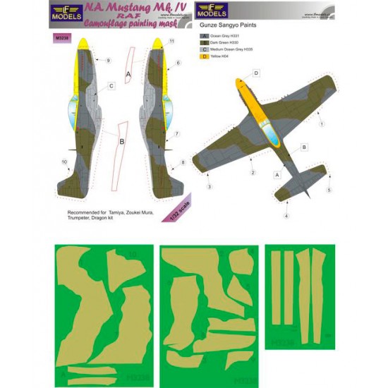 1/32 N.A. Mustang Mk.IV RAF Camo Mask for Tamiya/Zoukei Mura/Trumpeter/Dragon