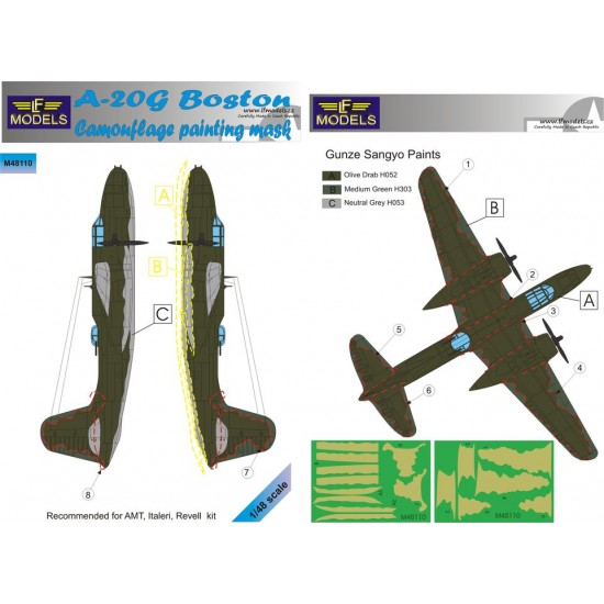 1/48 A-20G Boston Camouflage painting mask for AMT, Italeri, Revell kit.