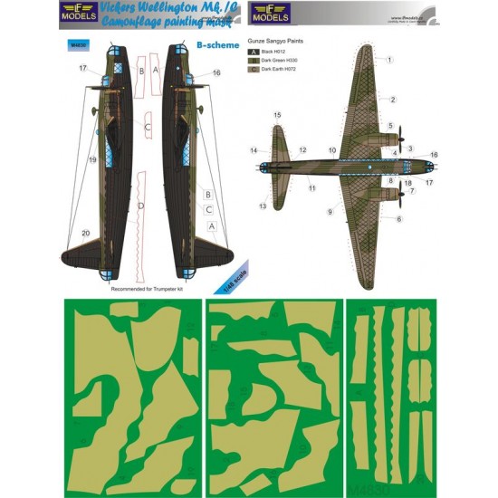 1/48 Vicker Wellington Mk.IC B-scheme Camo Painting Mask for Trumpeter ...