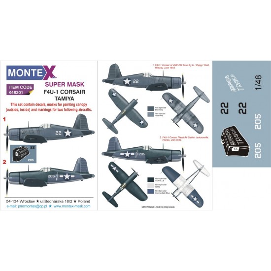 1/48 Vought F4U-1 Corsair Paint Mask for Tamiya (Canopy Masks + Insignia Masks + Decals)