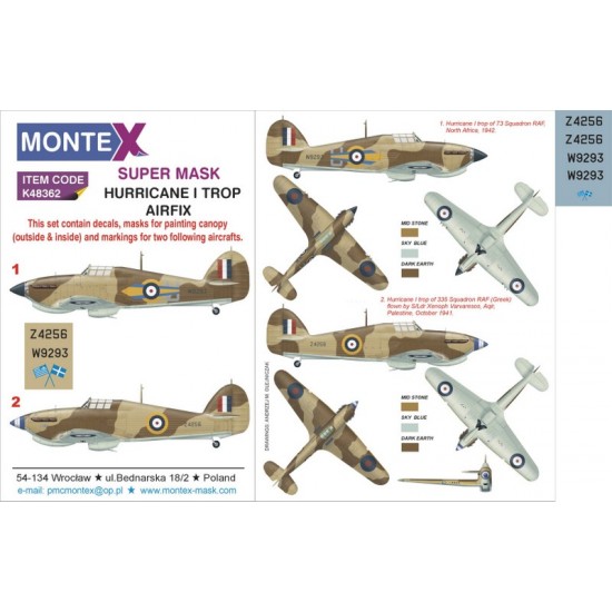 1/48 Hurricane I Trop Paint Mask for Airfix (Insignia & Canopy Masks + Decals)