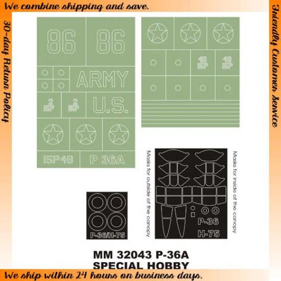 1/32 Curtiss P-36A Hawk Paint Mask for Special Hobby kit (Canopy Masks + Insignia Masks)