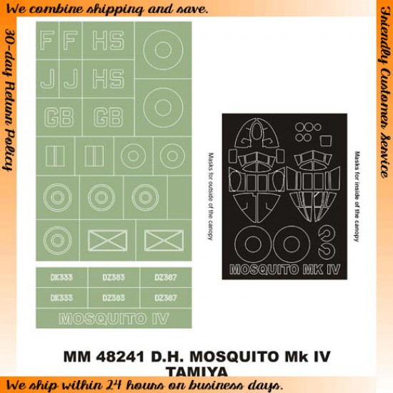 1/48 de Havilland Mosquito Mk.IV Paint Mask for Tamiya kit (Canopy Masks + Insignia Masks)