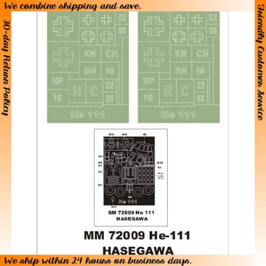 1/72 Heinkel He 111 Paint Mask for Hasegawa kit (Canopy Masks + Insignia Masks)
