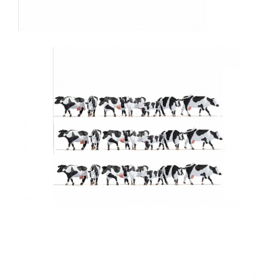 HO Scale Figures xL Set - Black and White Cows (21 assembled painted figures)