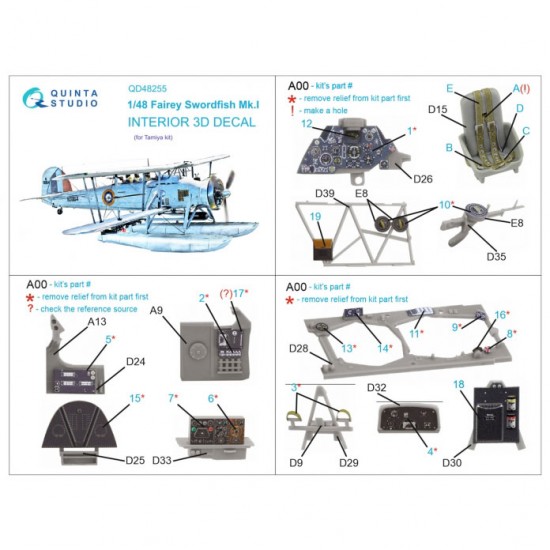 1/48 Swordfish Mk.I 3D-Printed & Coloured Interior on Decal Paper for Tamiya kits