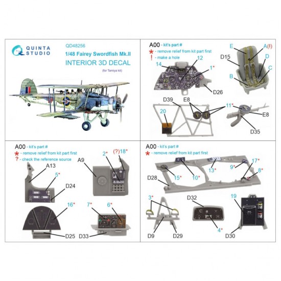 1/48 Swordfish Mk.II 3D-Printed & Coloured Interior on Decal Paper for Tamiya kits