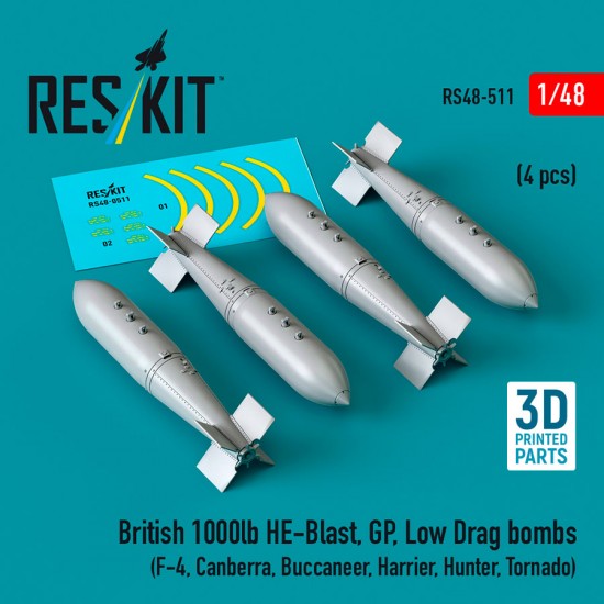 1/48 British 1000lb HE-Blast, GP, Low Drag Bombs (4pcs) for F-4, Canberra, Buccaneer