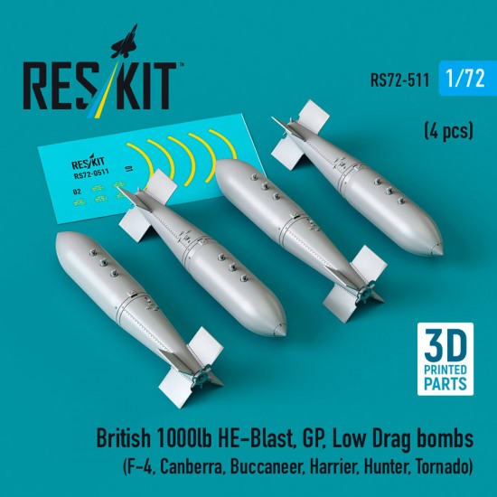 1/72 British 1000lb HE-Blast, GP, Low Drag Bombs (4pcs) for F-4, Canberra, Buccaneer