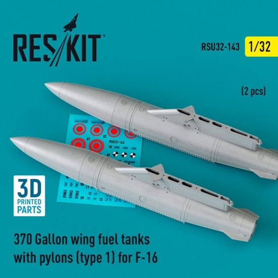 1/32 F-16 370 Gallon Wing Fuel Tanks with Pylons Type #1 (2pcs, 3D ...