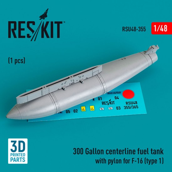 1/48 F-16 300 Gallon Centerline Fuel Tank with Pylon Type #1 (1pc, 3D Printed)