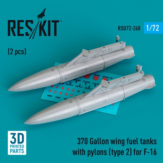 1/72 F-16 370 Gallon Wing Fuel Tanks with Pylons Type #2 (2pcs, 3D Printed)