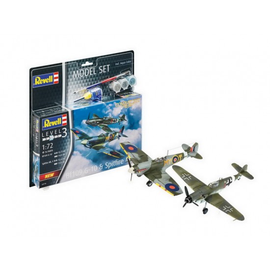 1/72 Messerschmitt Bf109G-10 & Spitfire Mk.V w/Paints, Brush, Glue