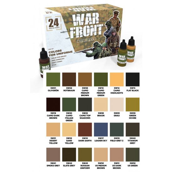 Acrylic Paint Set - Warfront Soldiers (24 bottles, 17ml each, Matt Finish)