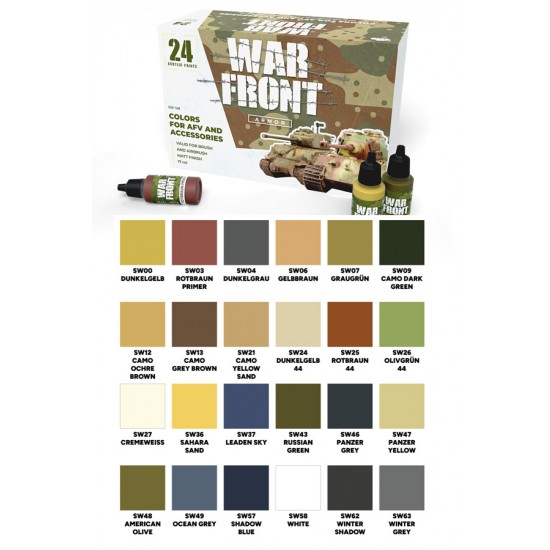 Acrylic Paint Set - Warfront Armour (24 bottles, 17ml each, Matt Finish)