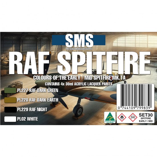 Acrylic Lacquer Paints Set - RAF Spitfire Mk.1a Early/Mid Colours (4x 30ml)