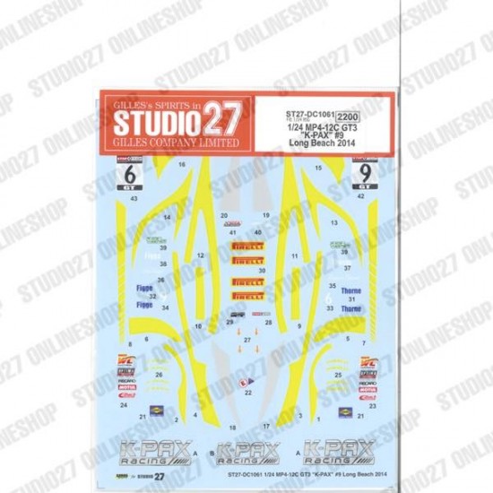 1/24 MP4-12C GT3 'K-PAX' #9 Long Beach 2014 Decal for Fujimi #170008