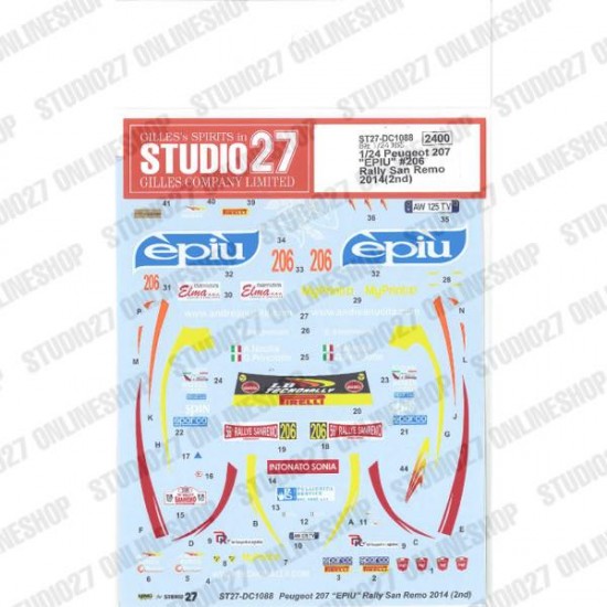 1/24 207 'EPIU' #206 Rally San Remo 2nd 2014 Decal for Bel-001