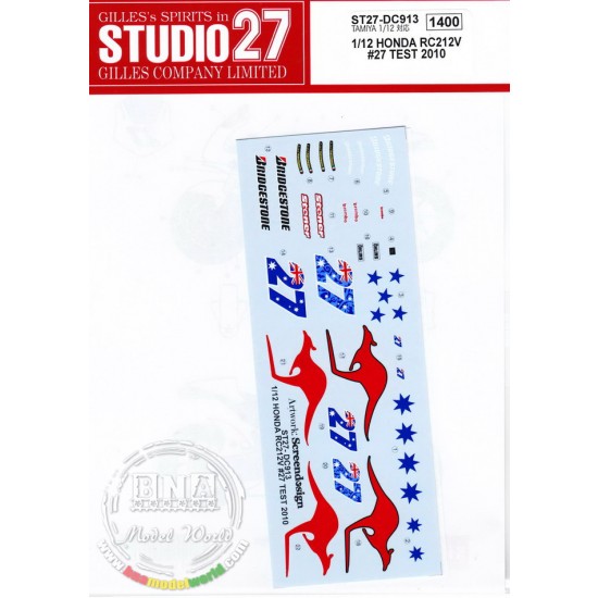 1/12 Honda RC212V #27 Test (2010) Decals for Tamiya kit #14106/14108