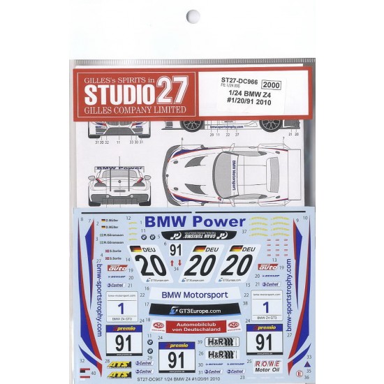 1/24 BMW Z4 GT3 #1/#20/#91 2010 Decals (for Fujimi #125565 kit)