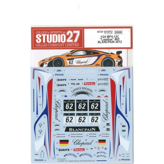 1/24 McLaren MP4-12C GT3 "Lapidus Racing" #62 Blancpain 2012 Decals (for Fujimi kit)